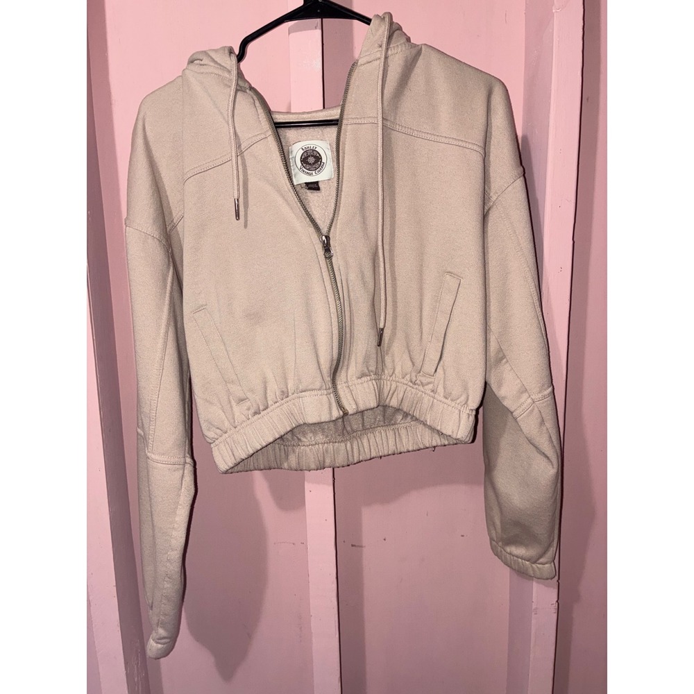 Ashley Vintage Charm Tan Beige Cropped Zip Up Hoodie Sweatshirt Women Large